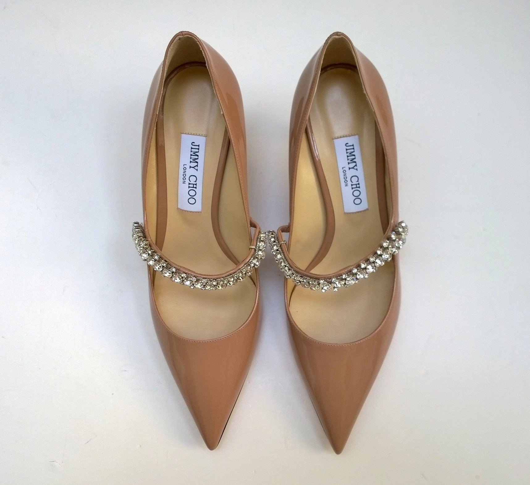 Jimmy Choo Bing 65 Nude Patent Leather Rhinestone Strap Heels New in Box Very Very High Heels