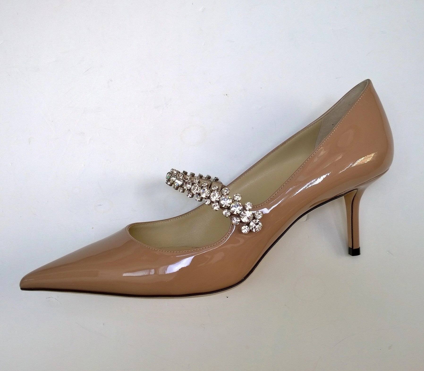 Worn Heels Jimmy Choo Bing 65 Nude Patent Leather Rhinestone Strap Heels New in Box