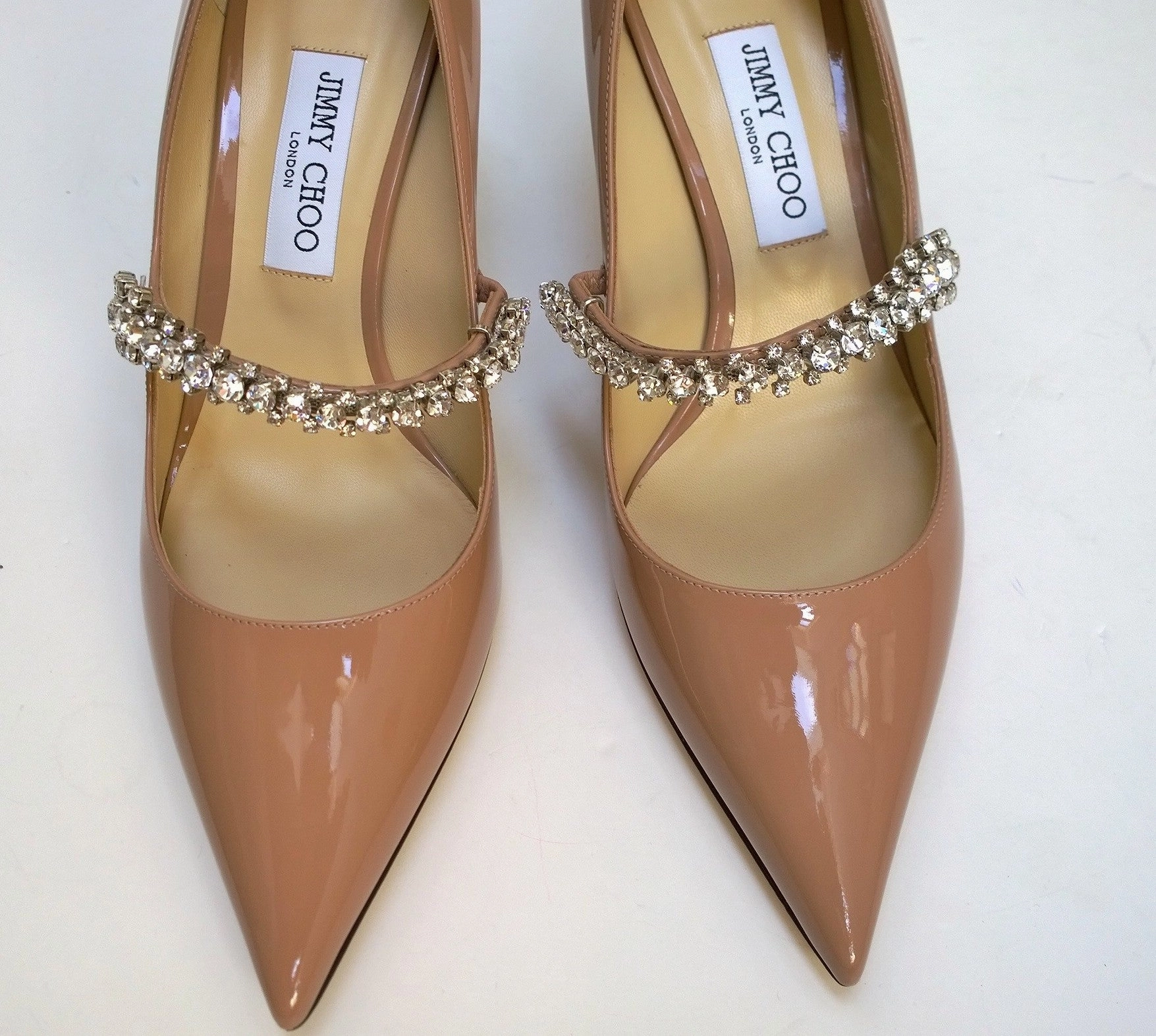 Jimmy Choo Bing 65 Nude Patent Leather Rhinestone Strap Heels New in Box Dance High Heels