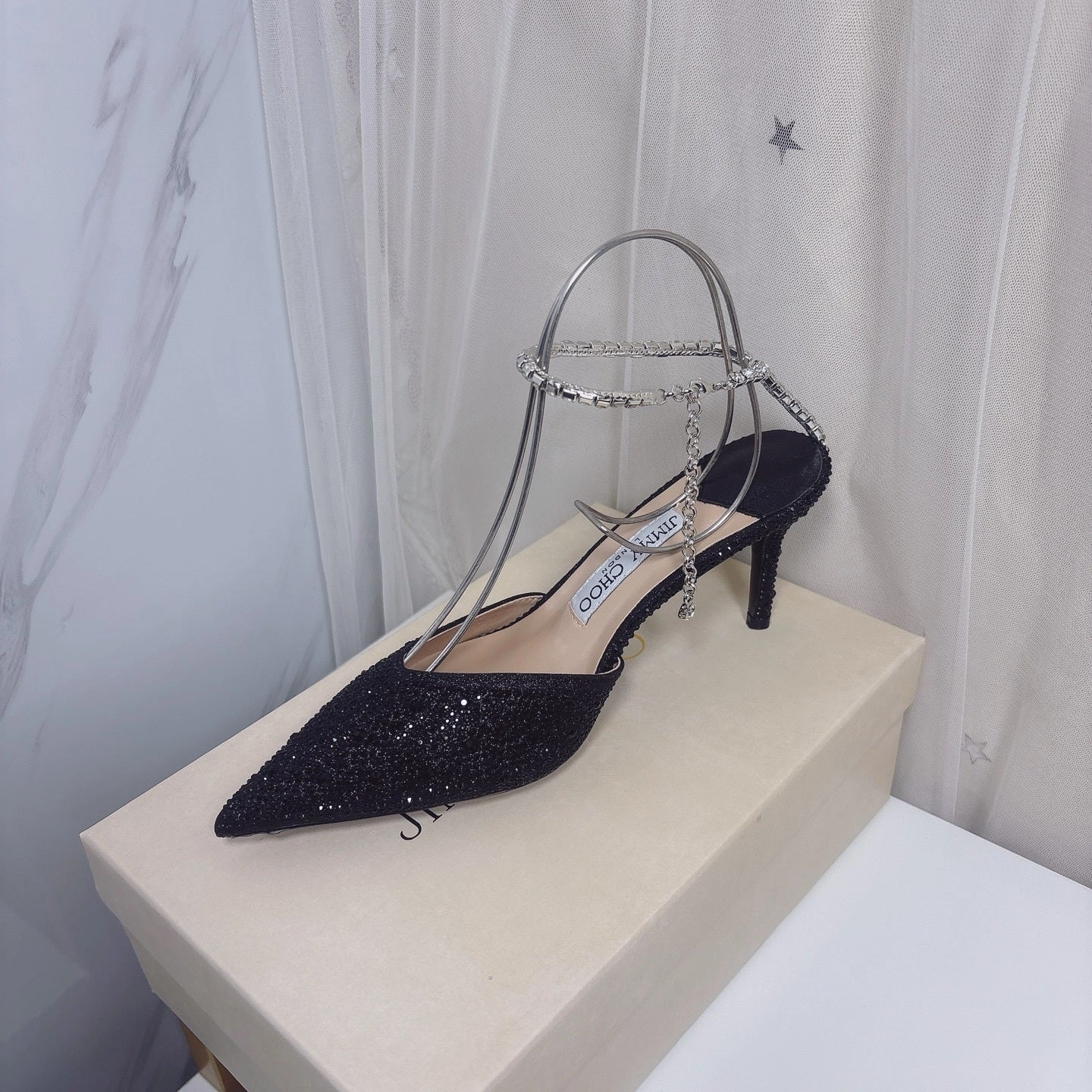 High Heels And Pregnancy Jimmy Choo Black Glitter Heels with Rhinestone Chain Detail - 8cm Stiletto, Sizes 3442