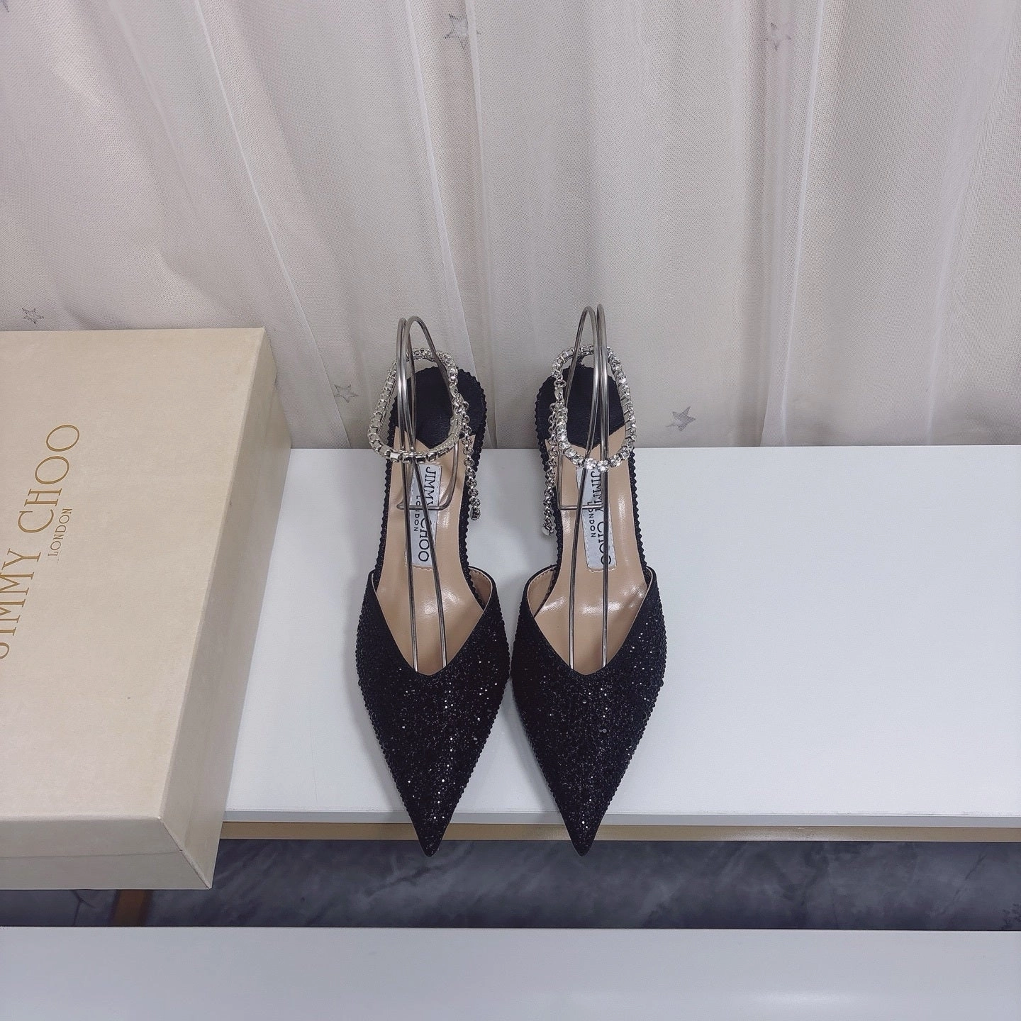 Crocs Heels Jimmy Choo Black Glitter Heels with Rhinestone Chain Detail - 8cm Stiletto, Sizes 3442