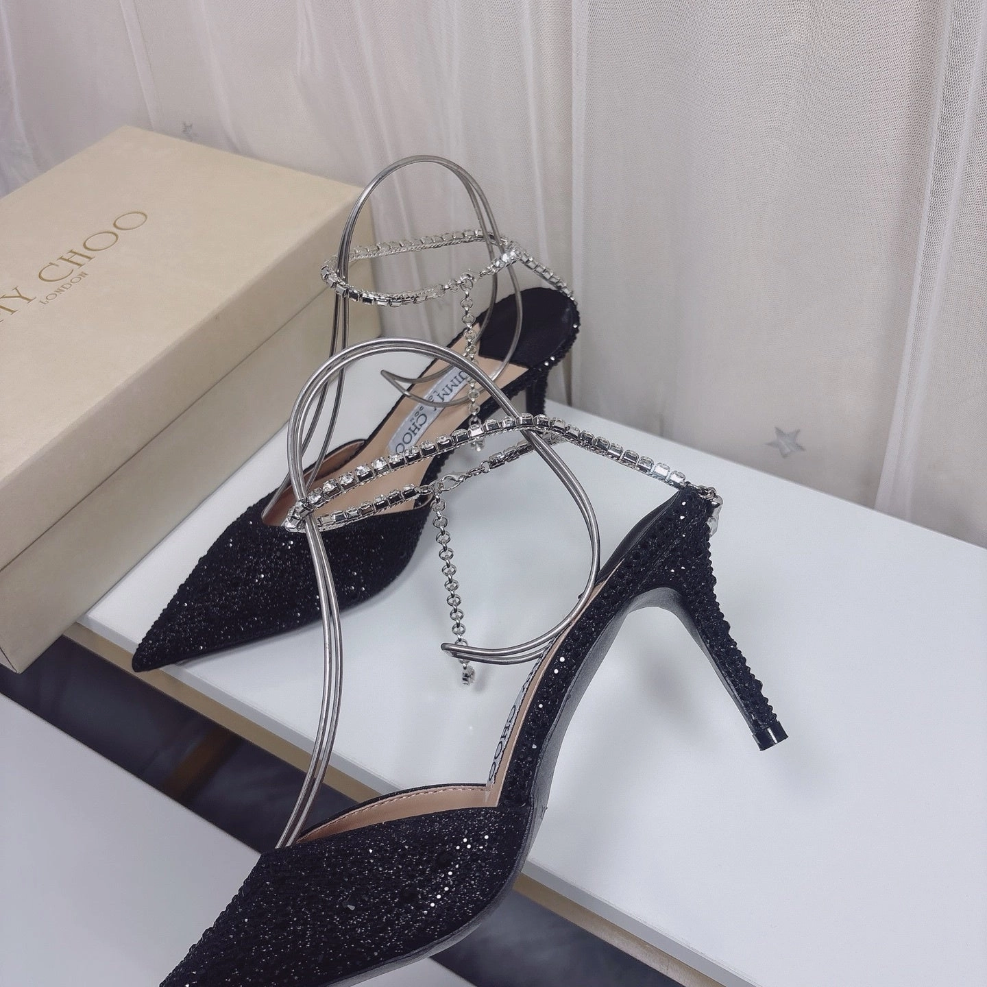 Knee High Jimmy Choo Black Glitter Heels with Rhinestone Chain Detail - 8cm Stiletto, Sizes 3442