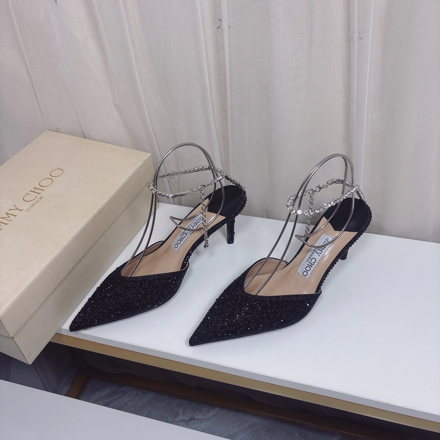 Jimmy Choo Black Glitter Heels with Rhinestone Chain Detail - 8cm Stiletto, Sizes 3442 High Heel Shoes With Wings