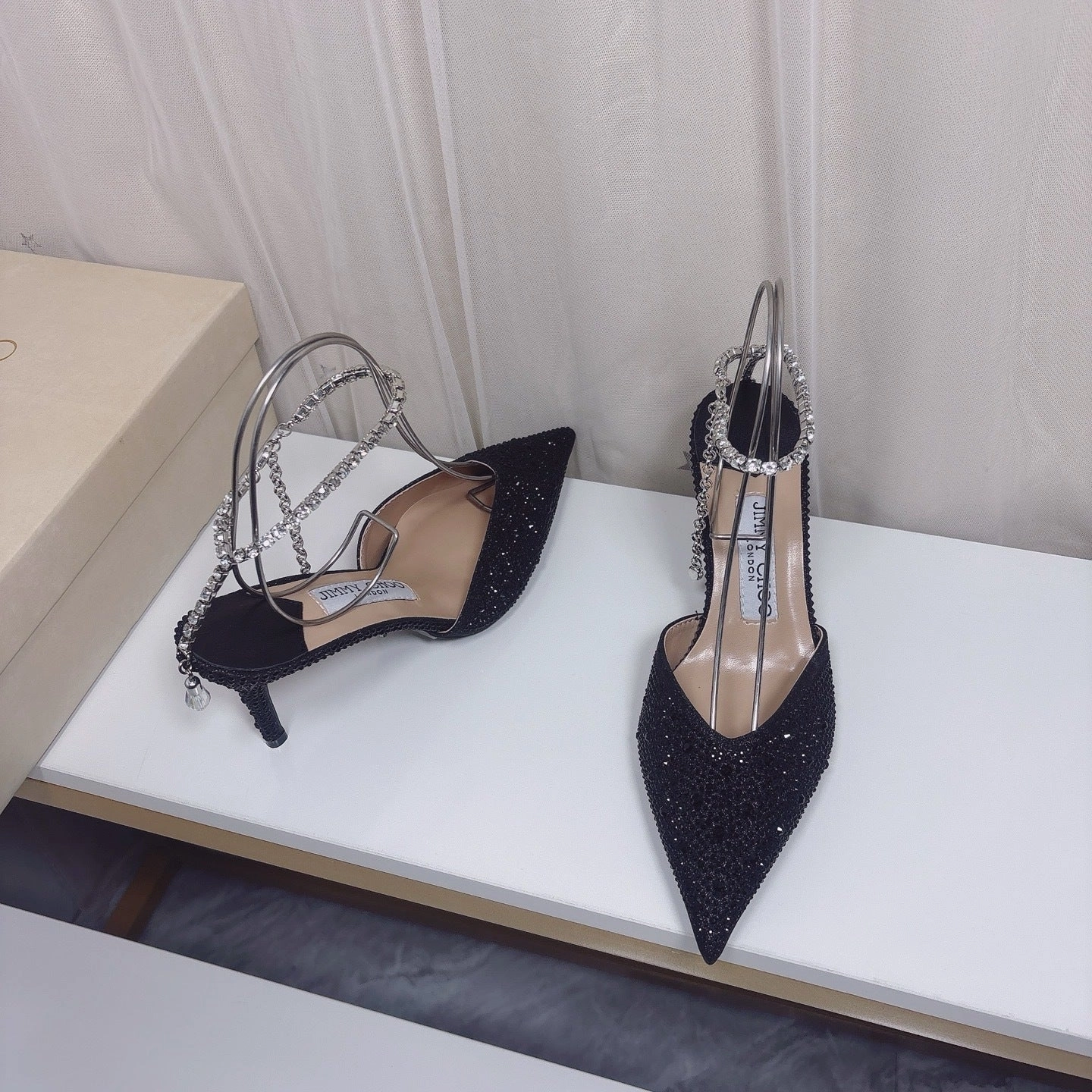 Feature Of High Heels Popularized In The 1920s Jimmy Choo Black Glitter Heels with Rhinestone Chain Detail - 8cm Stiletto, Sizes 3442