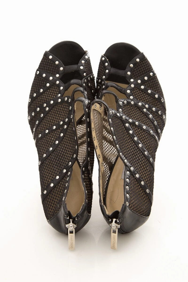 Block Heel Leather Knee High Boots Jimmy Choo KARINA Mesh Studded Black Heels SZ 39.5