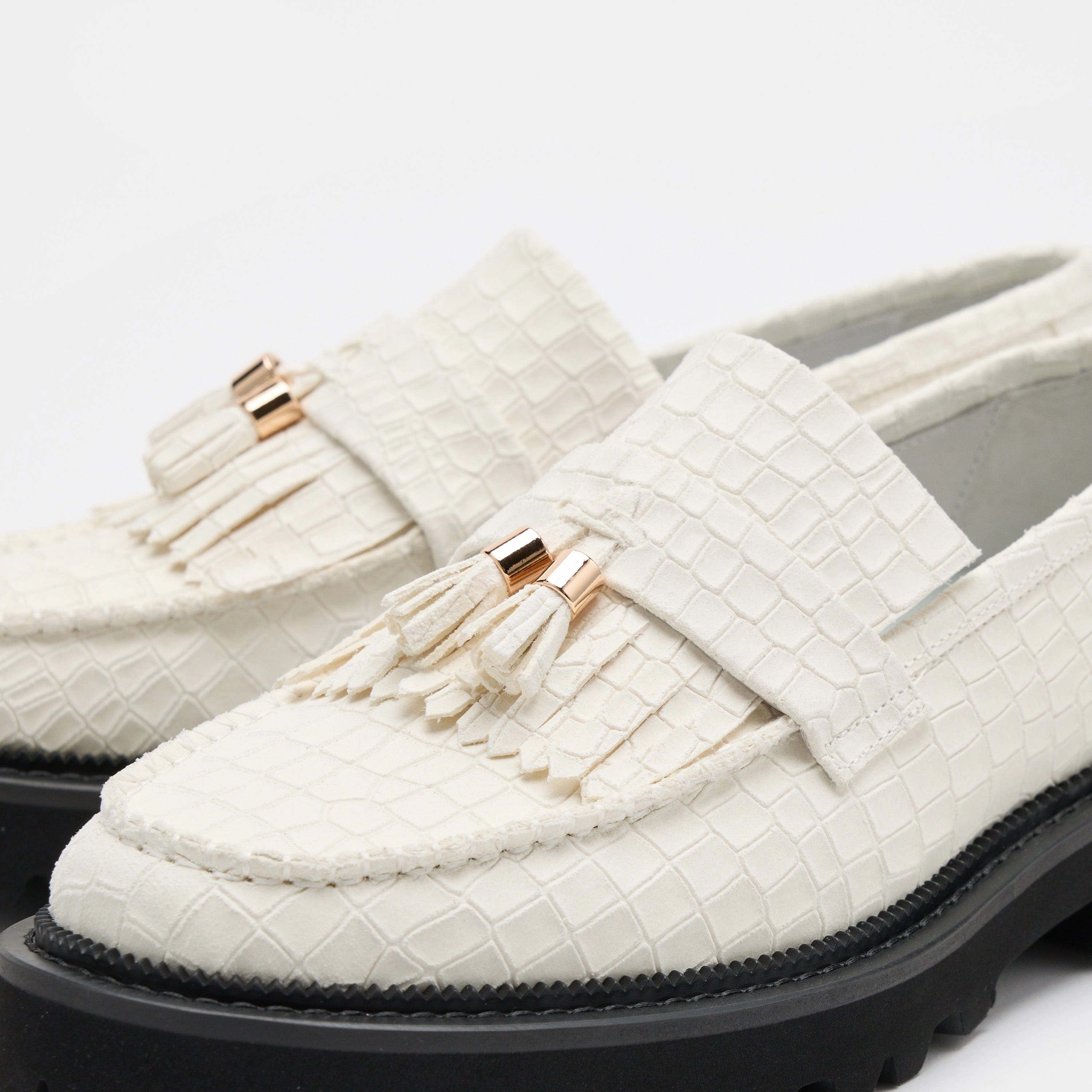 Journey White Croc Suede Lug Tassel Loafer Loafers With Tassels