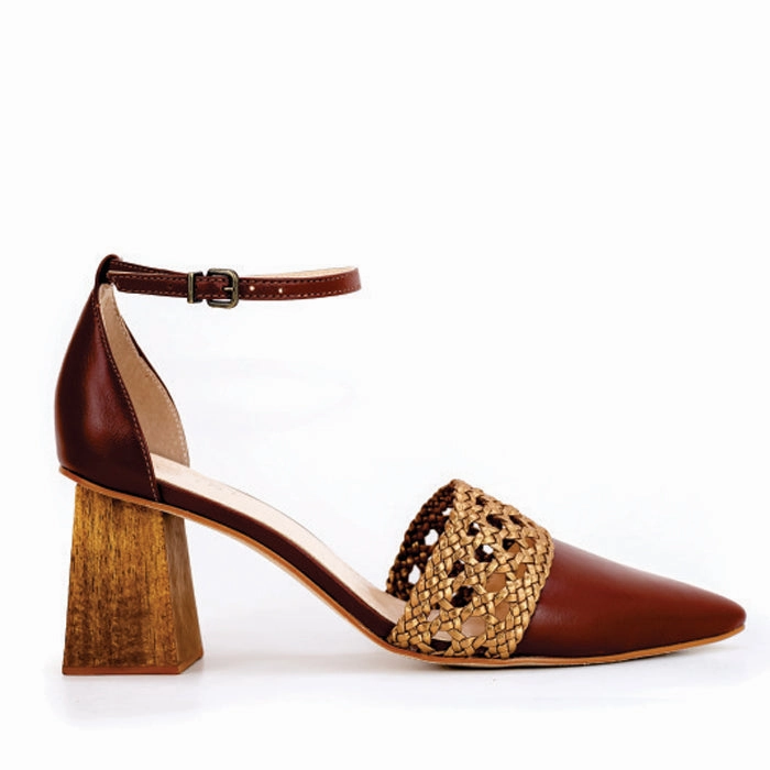 Lunar Woven Ankle strap with chunky wooden heel