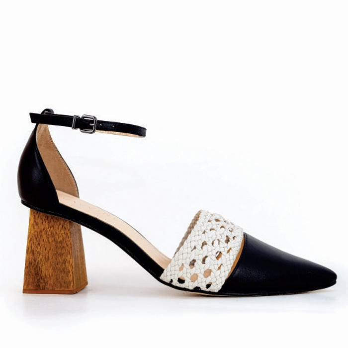 Lunar Woven Ankle strap with chunky wooden heel Toes High Heels