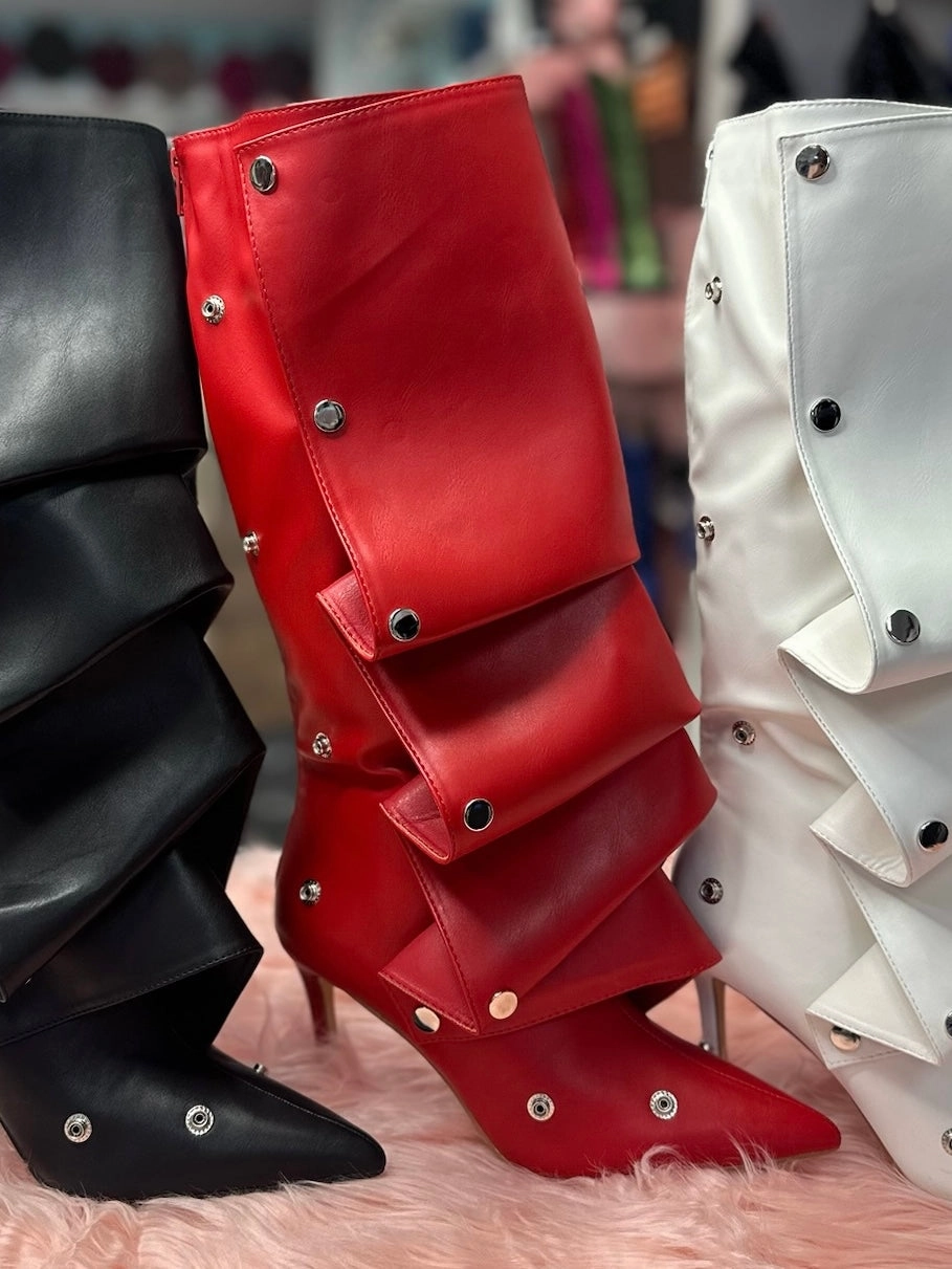 Over The Knee Thigh High Suede Boots BUMBLE-01 Red Faux Leather Knee High Slouch Boots with Draped Front Panel