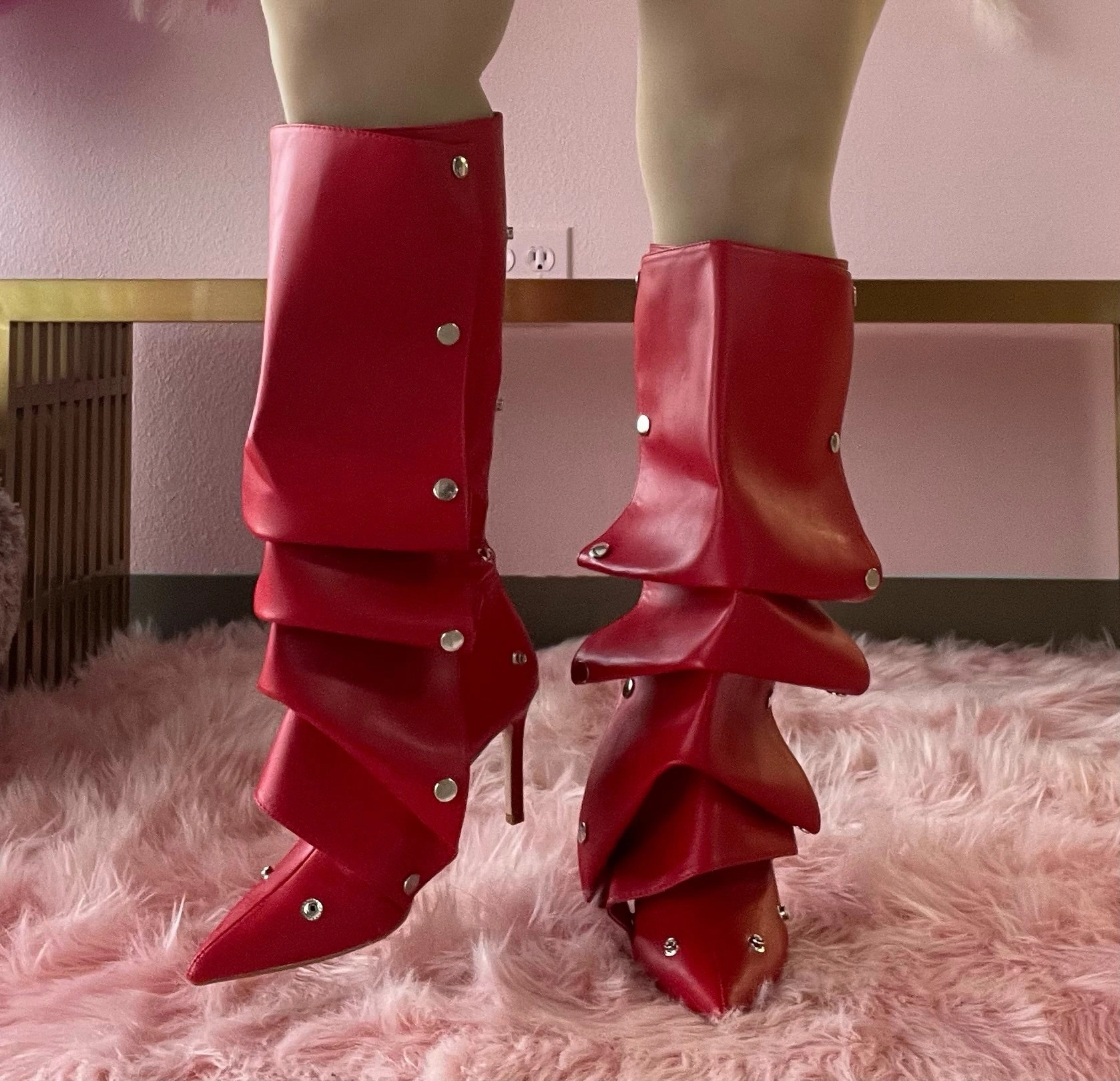 Goth Boots Knee High BUMBLE-01 Red Faux Leather Knee High Slouch Boots with Draped Front Panel