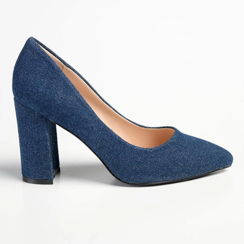 Madison Bora Low Block Heel Court - Dark Blue Denim Low Heel Knee High Suede Boots