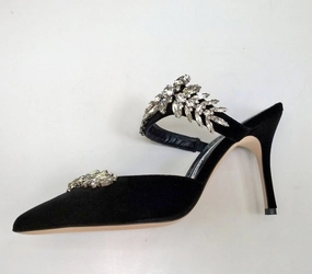 Manolo Blahnik Lurum 90 Black Velvet Rhinestone Mules Heels Heeled Gladiator Sandals Knee High