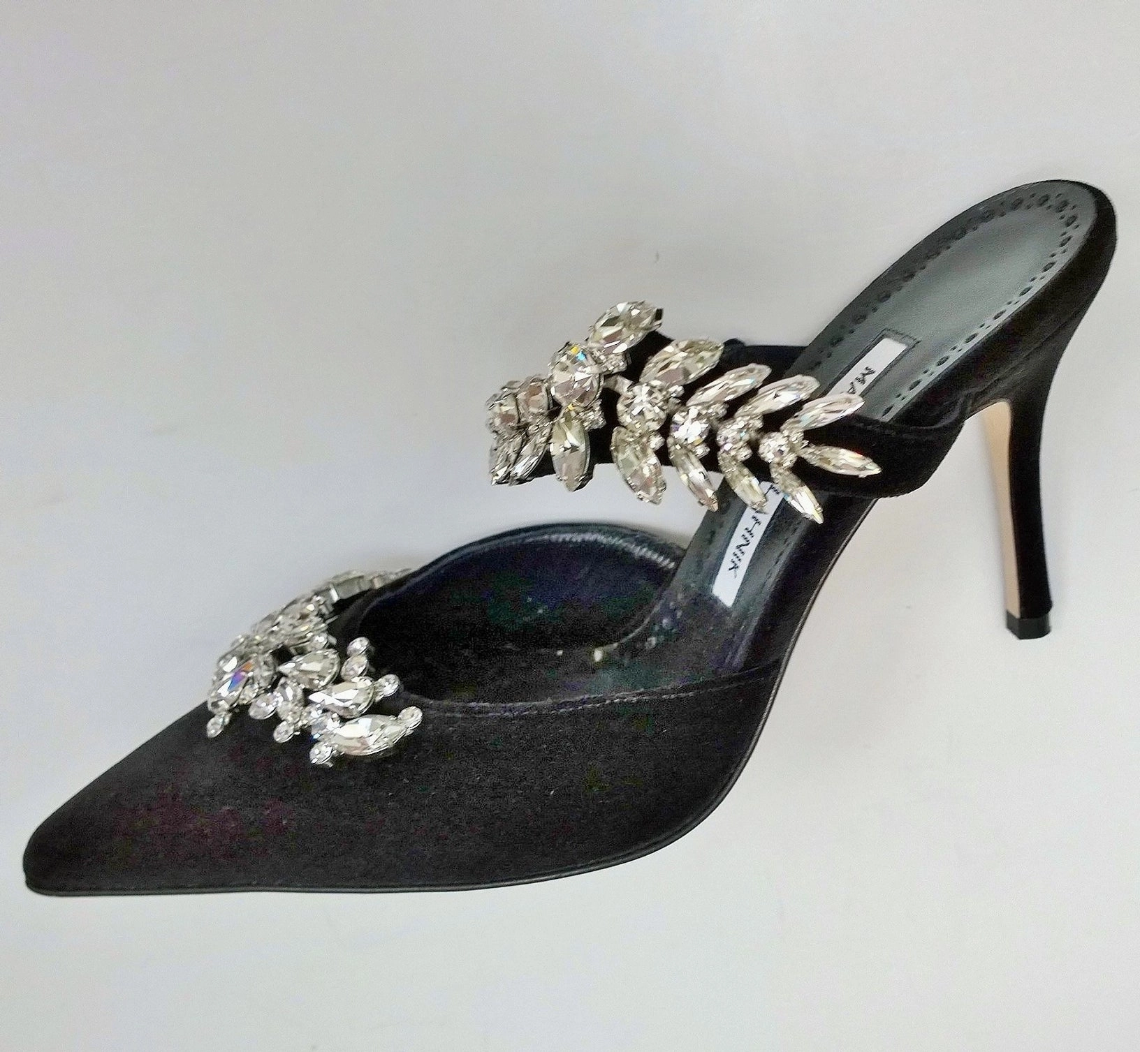 High Heels While Pregnant Manolo Blahnik Lurum 90 Black Velvet Rhinestone Mules Heels
