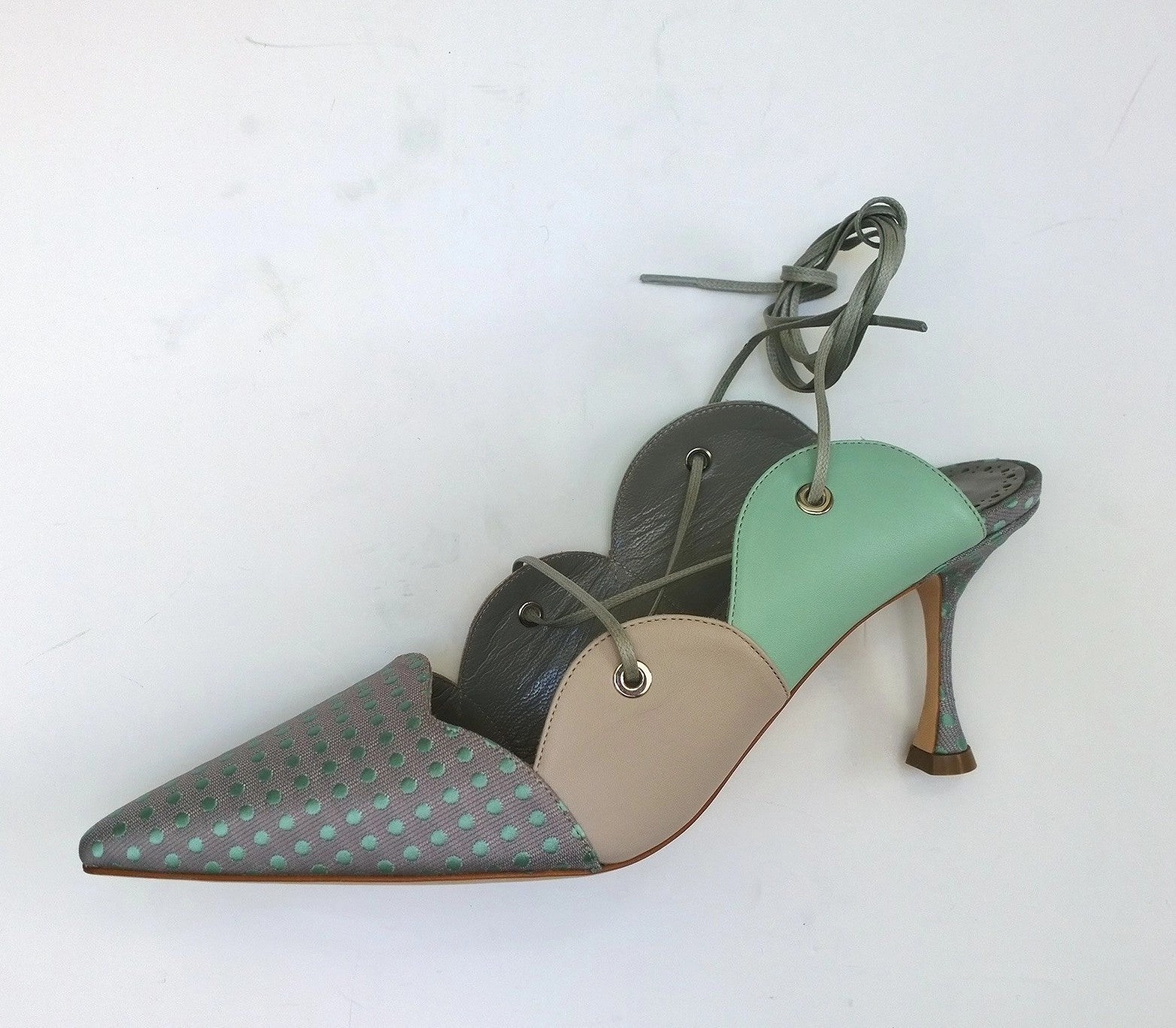 High Heel Slides Mules Manolo Blahnik Troina Ankle Ties Heels in Mint Leather and Brocade