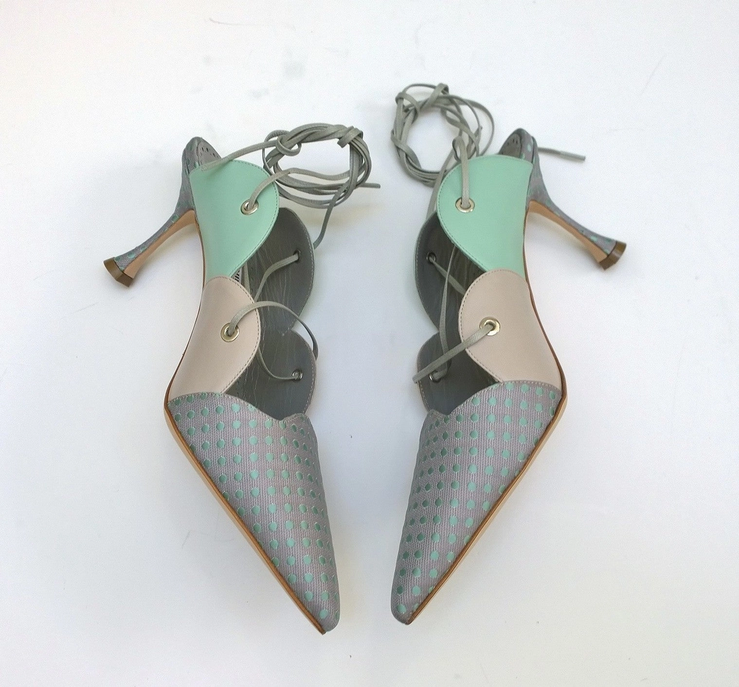 High Heel Games Manolo Blahnik Troina Ankle Ties Heels in Mint Leather and Brocade