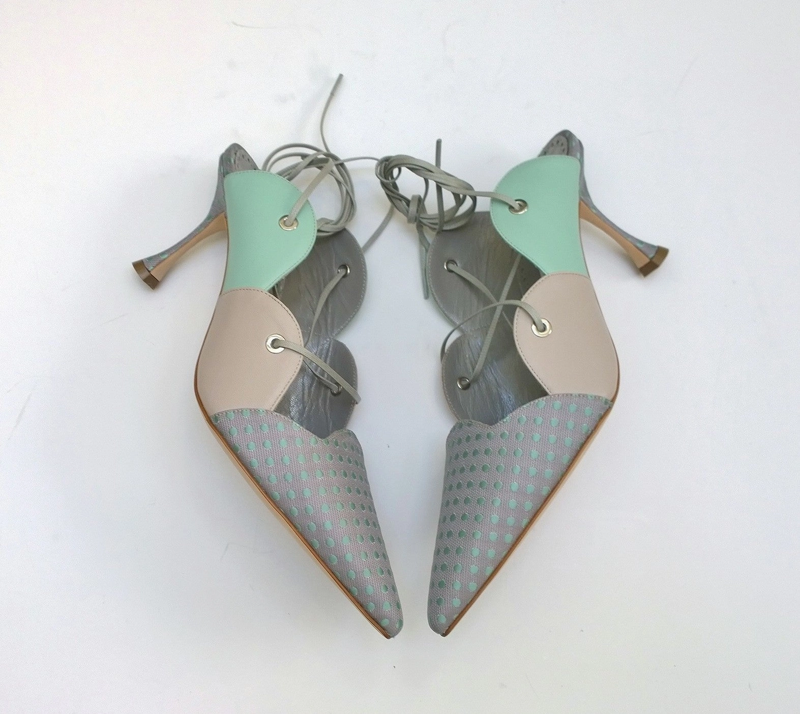 High Heels Shoes Online Manolo Blahnik Troina Ankle Ties Heels in Mint Leather and Brocade