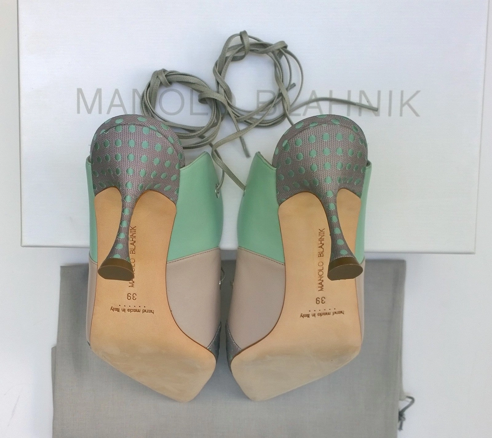 Manolo Blahnik Troina Ankle Ties Heels in Mint Leather and Brocade High Heels For Cheap