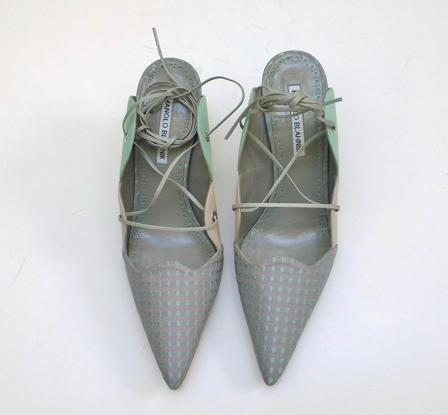 High Heel Shoes With Wings Manolo Blahnik Troina Ankle Ties Heels in Mint Leather and Brocade