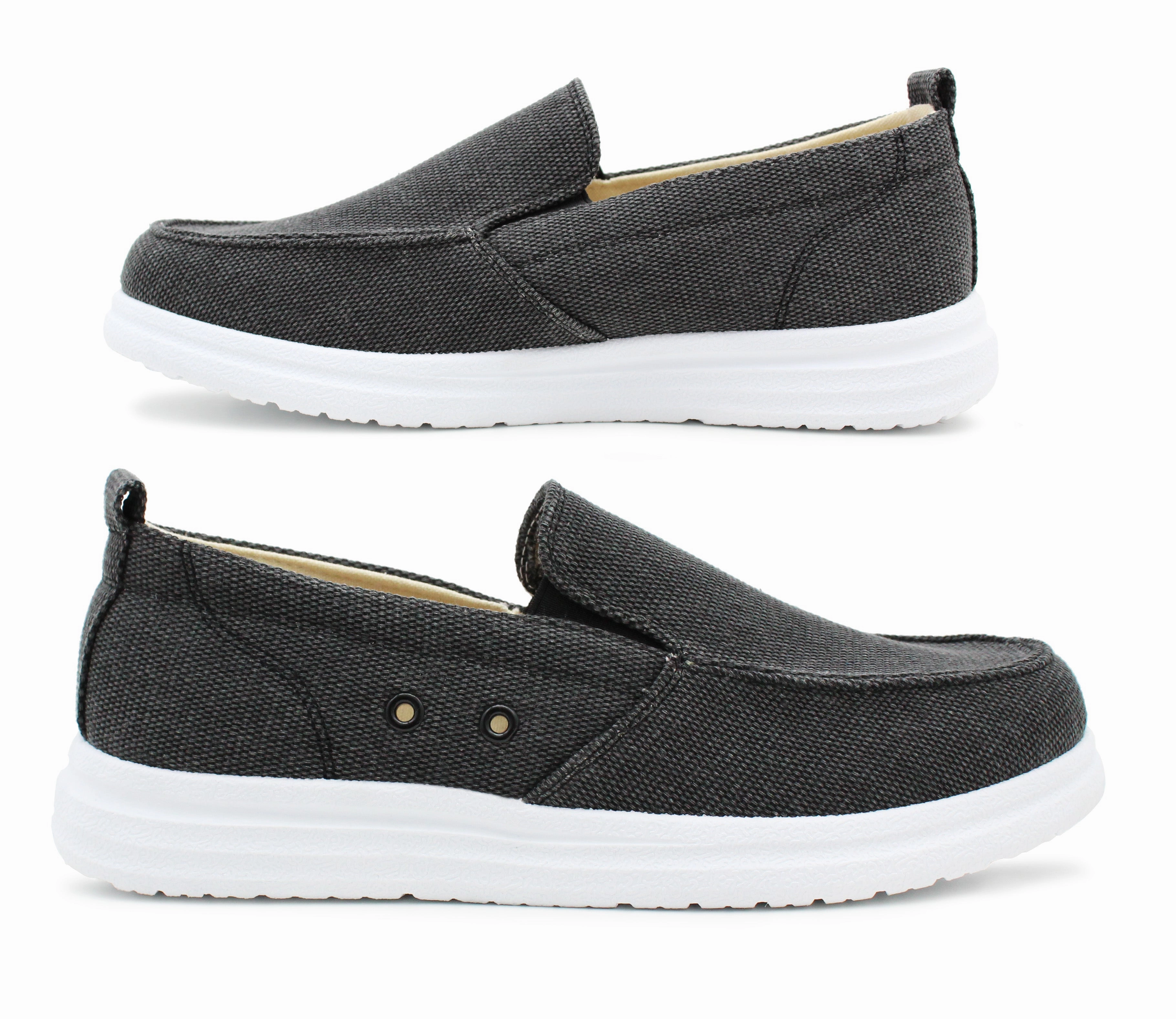 Mens Canvas Denim Slip On Trainers Elastic Flat Casual Deck Boat Shoe Loafers Charcoal Black Suit With Loafers No Socks