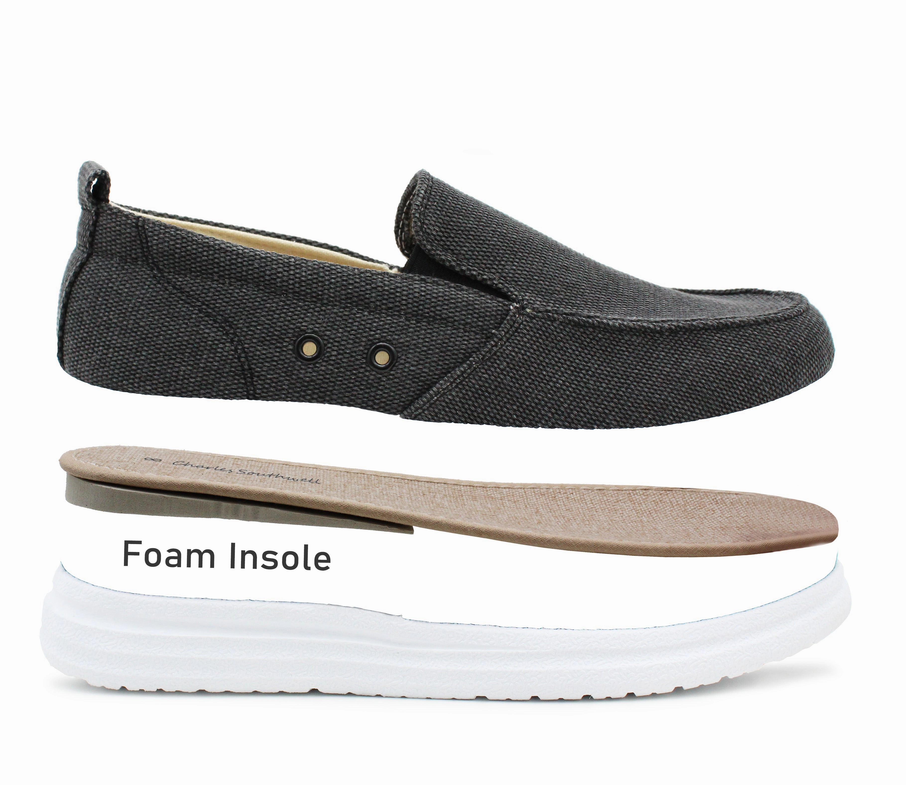 Mens Canvas Denim Slip On Trainers Elastic Flat Casual Deck Boat Shoe Loafers Charcoal Black Loafers To Wear With Suit