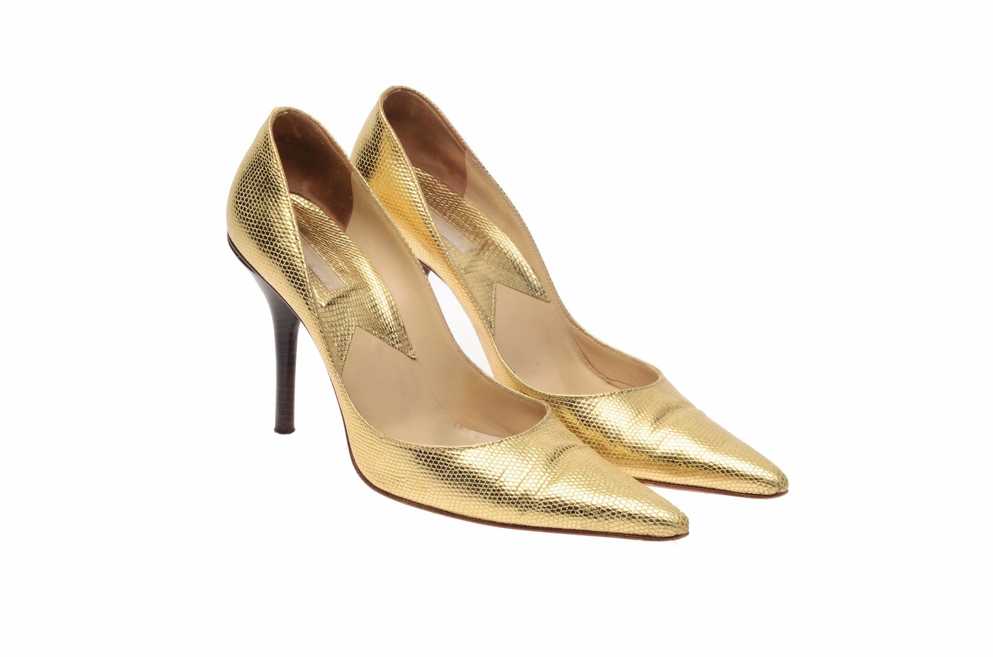 Outfits With Knee High Heel Boots Michael Kors - Gold Lizard Point Toe Heels - US 8