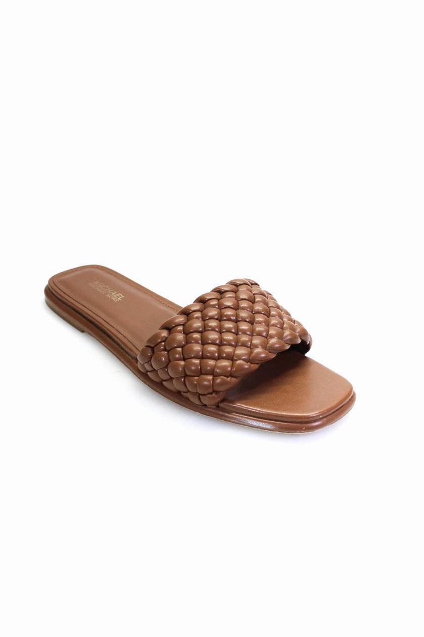 Michael Michael Kors Womens Woven Leather SIngle Strap Sandals Brown Chinese Flats Shoes