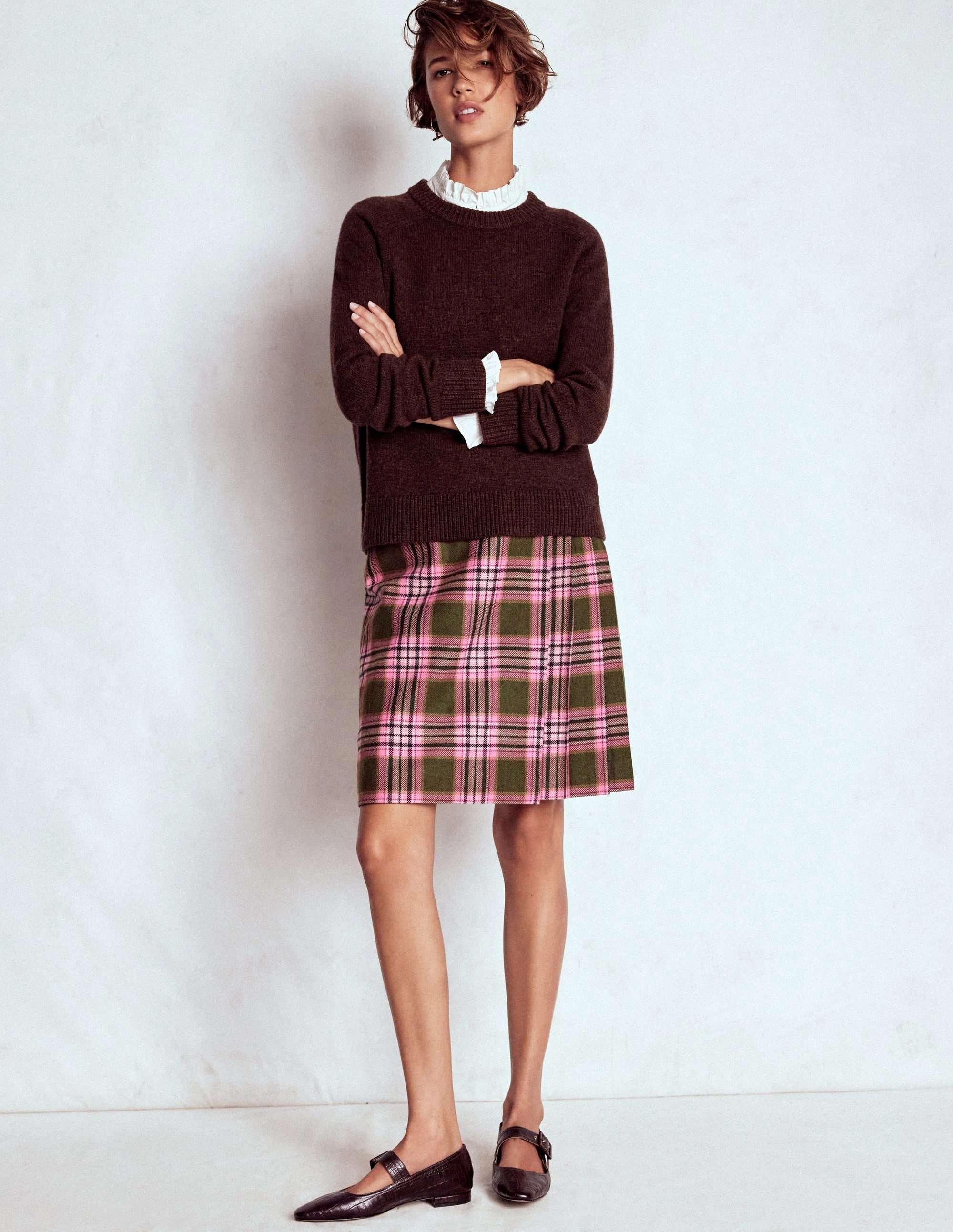 Knee High Knitted Boots Helen Wool Kilt Skirt-Olive, Green and Pink Check