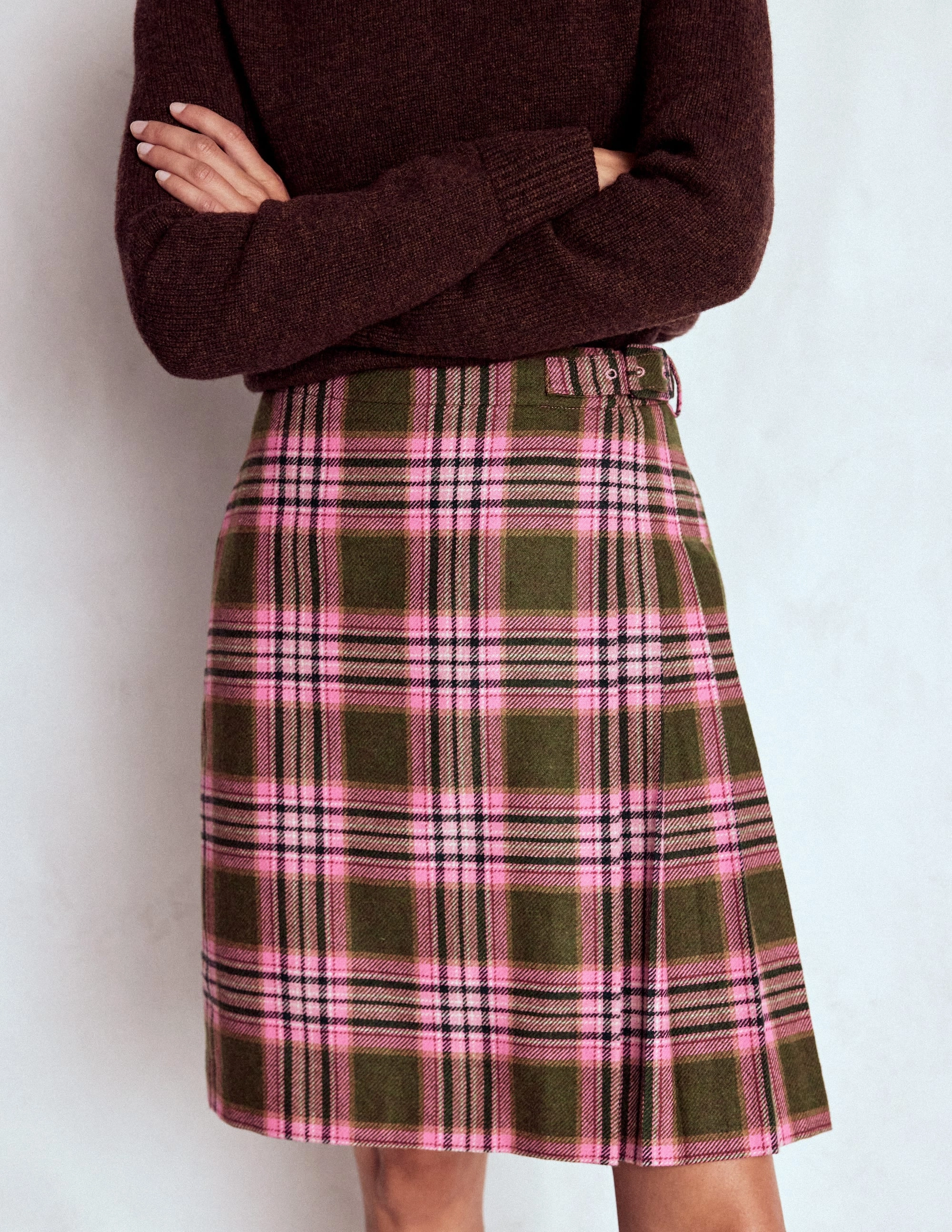 Knee High Boots Spring Helen Wool Kilt Skirt-Olive, Green and Pink Check
