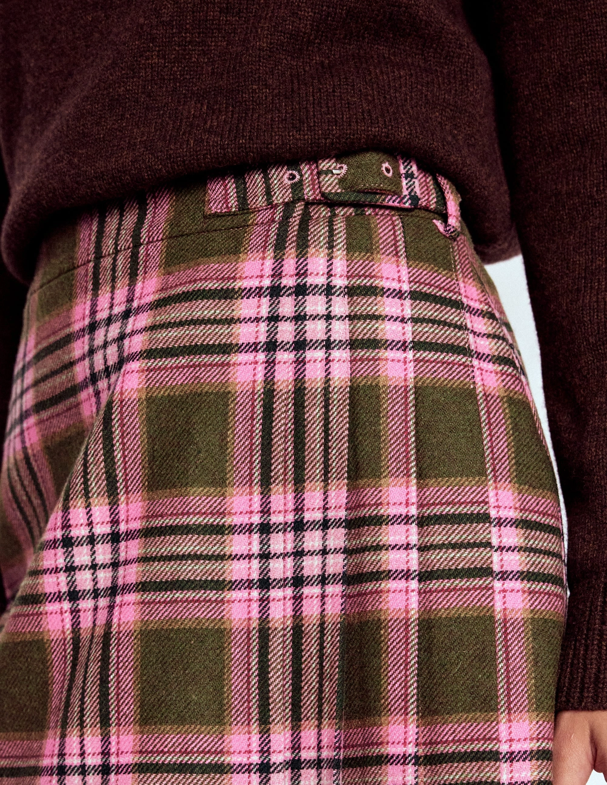 Helen Wool Kilt Skirt-Olive, Green and Pink Check Stretchy Knee High Boots