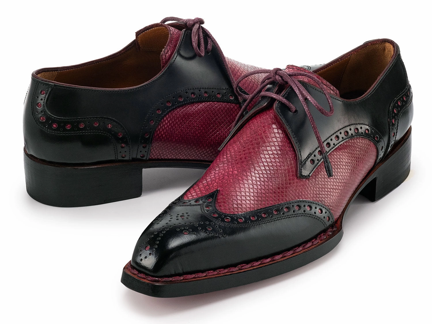 Rubber Sole Derby Shoes Paul Parkman Men's Hand-Welted Black and Red Leather Wingtip Derby Shoes (ID#170KRBRD)