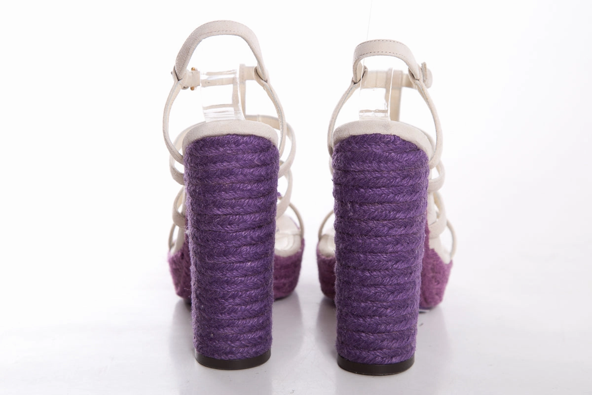 YSL Cream & Purple Jute Woven Heels SZ 35.5 Lace Up Heels