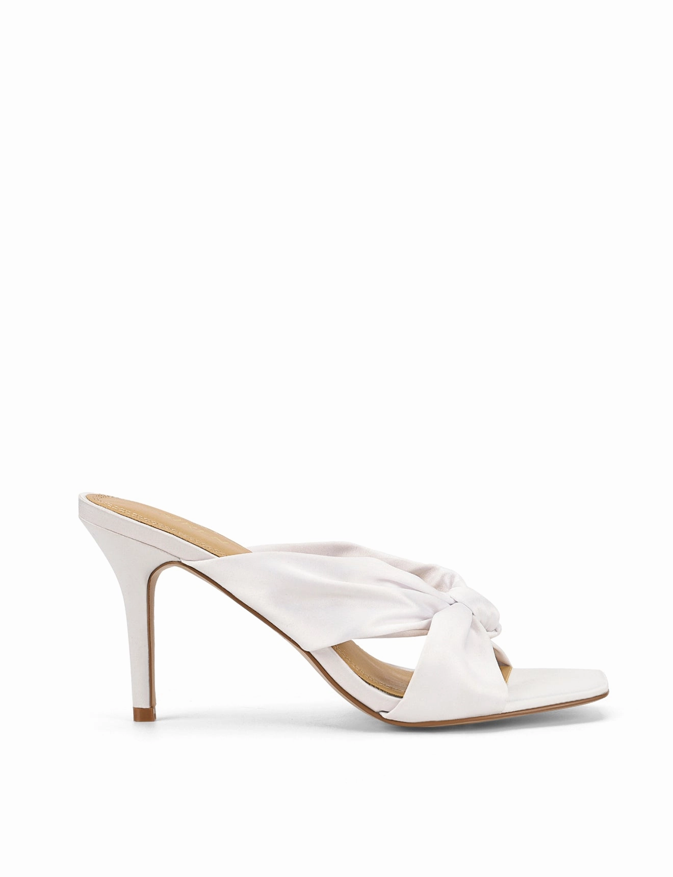 Nicola Satin Knot Mules - Ivory White Satin High Heel Keychain