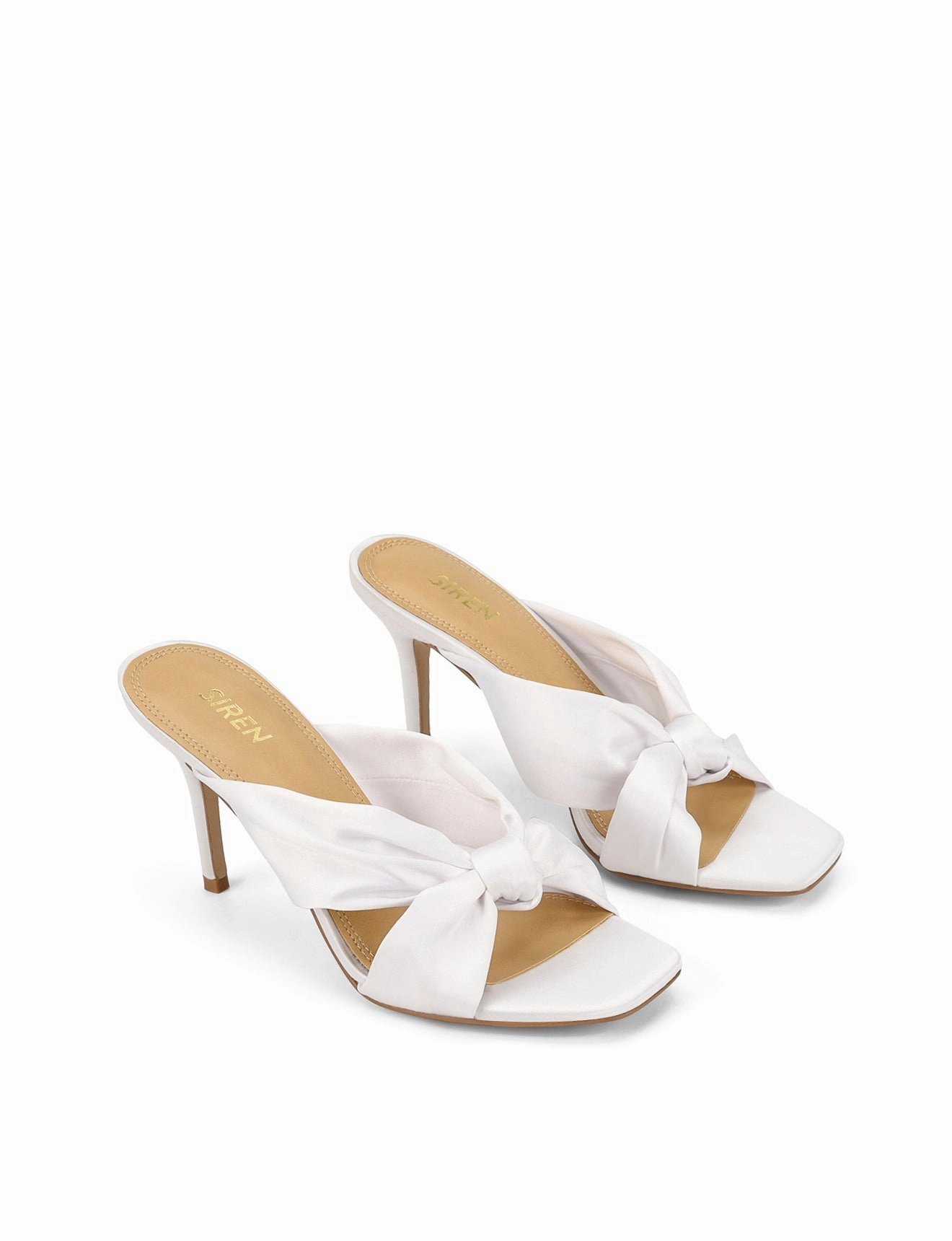 Nicola Satin Knot Mules - Ivory White Satin Ankle High Heel Shoes