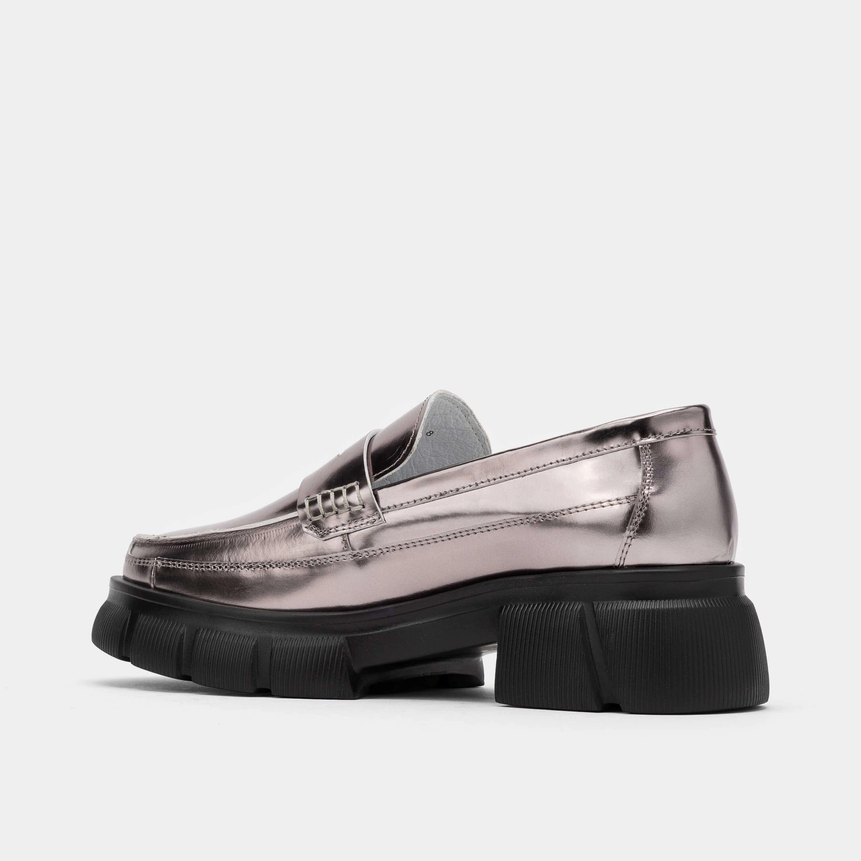 Camouflage Loafers Ms. Calum Silver Rose Patent Leather Lug Penny Loafers