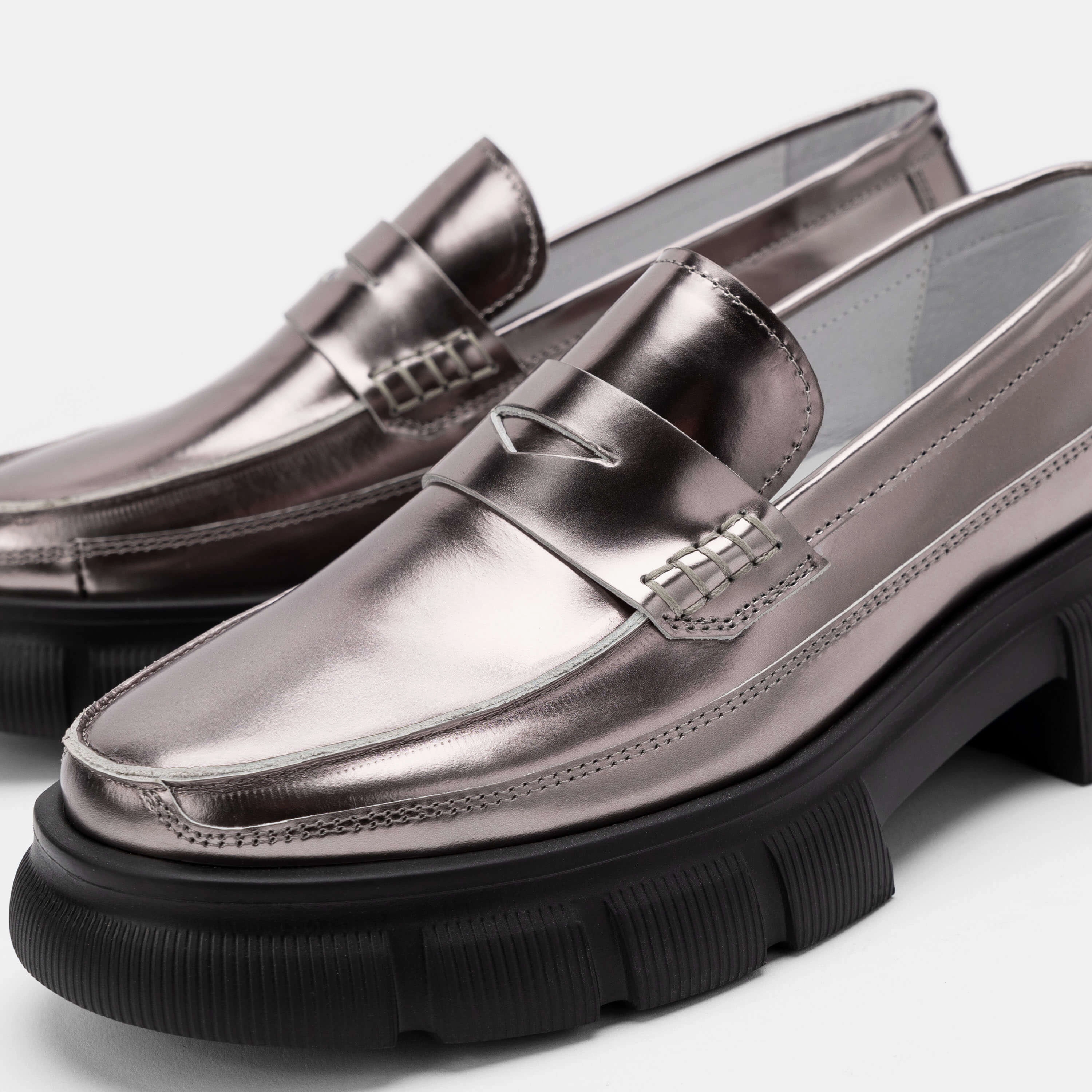 Ms. Calum Silver Rose Patent Leather Lug Penny Loafers Pierced Marni Loafers