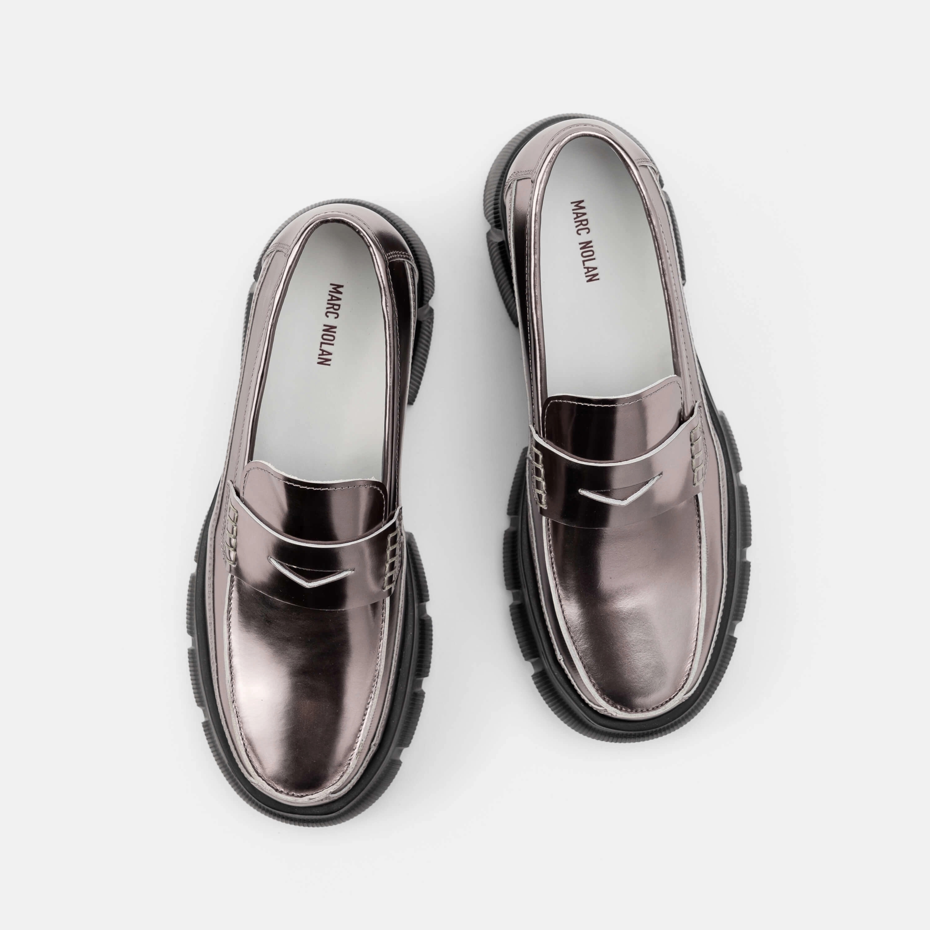 Dolce Vita Halona Loafers Ms. Calum Silver Rose Patent Leather Lug Penny Loafers