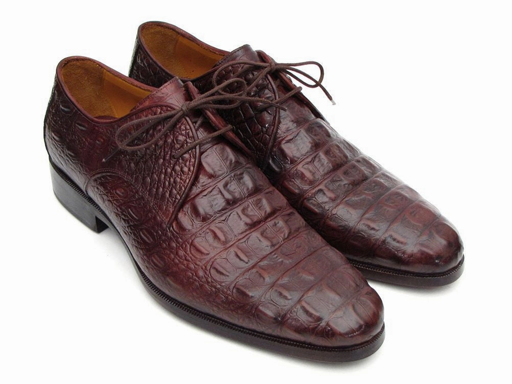 Paul Parkman Men's Brown and Bordeaux Crocodile Embossed Calfskin Derby Shoes (ID#1438BRD) Oxford Lace-up Shoes