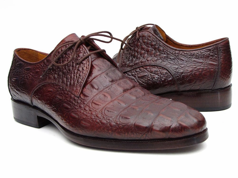 Paul Parkman Men's Brown and Bordeaux Crocodile Embossed Calfskin Derby Shoes (ID#1438BRD) Plaid Derby Shoes