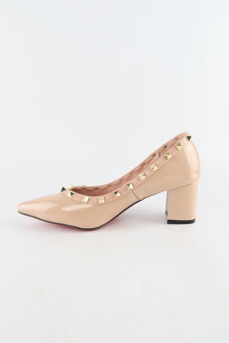Caged High Heels  K9112 - Pointed Toe Golden Studs Pump Shoes