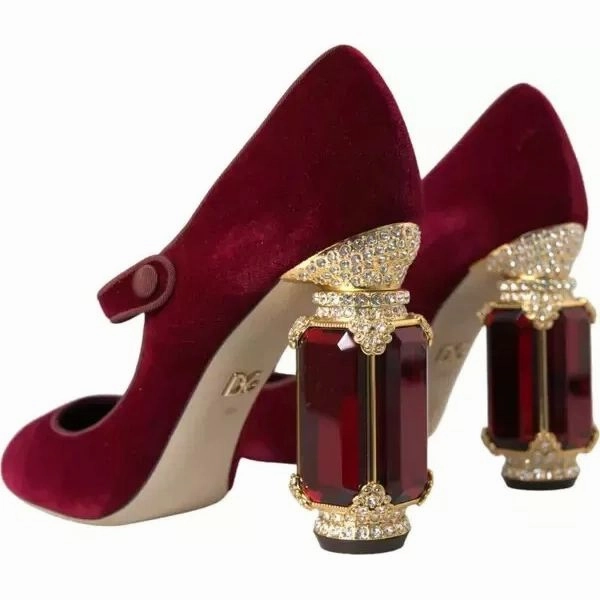 Dolce & Gabbana Red Velvet Gold Crystals Heels Mary Janes Shoes High Pumps
