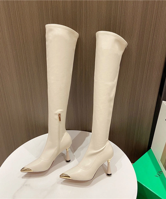 Becky Knee High Boot Black Stiletto Faux Leather Stylish Splicing Knee Boots TE001