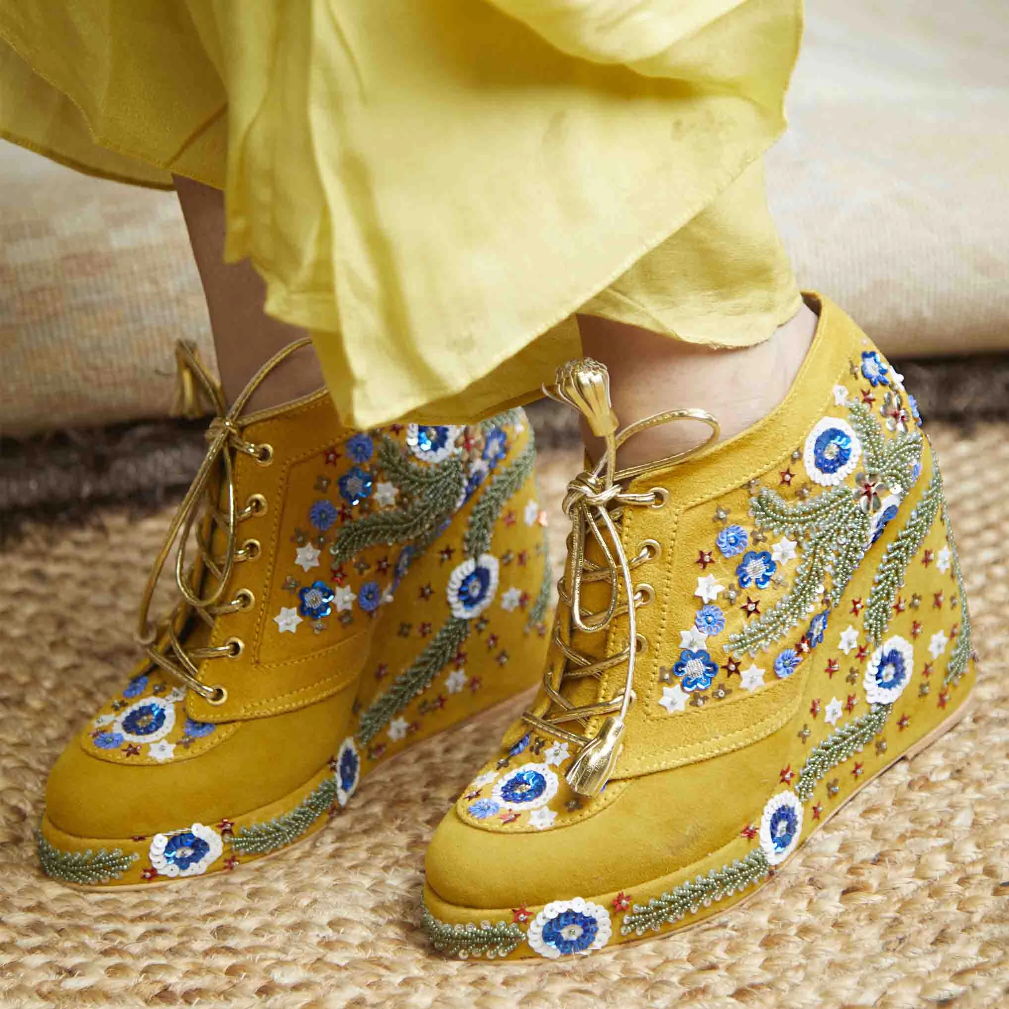 Stealth Shoes Climbing Mustard Embroidered Bridal Sneaker Wedges - Customized Wedding Shoes | Tiesta