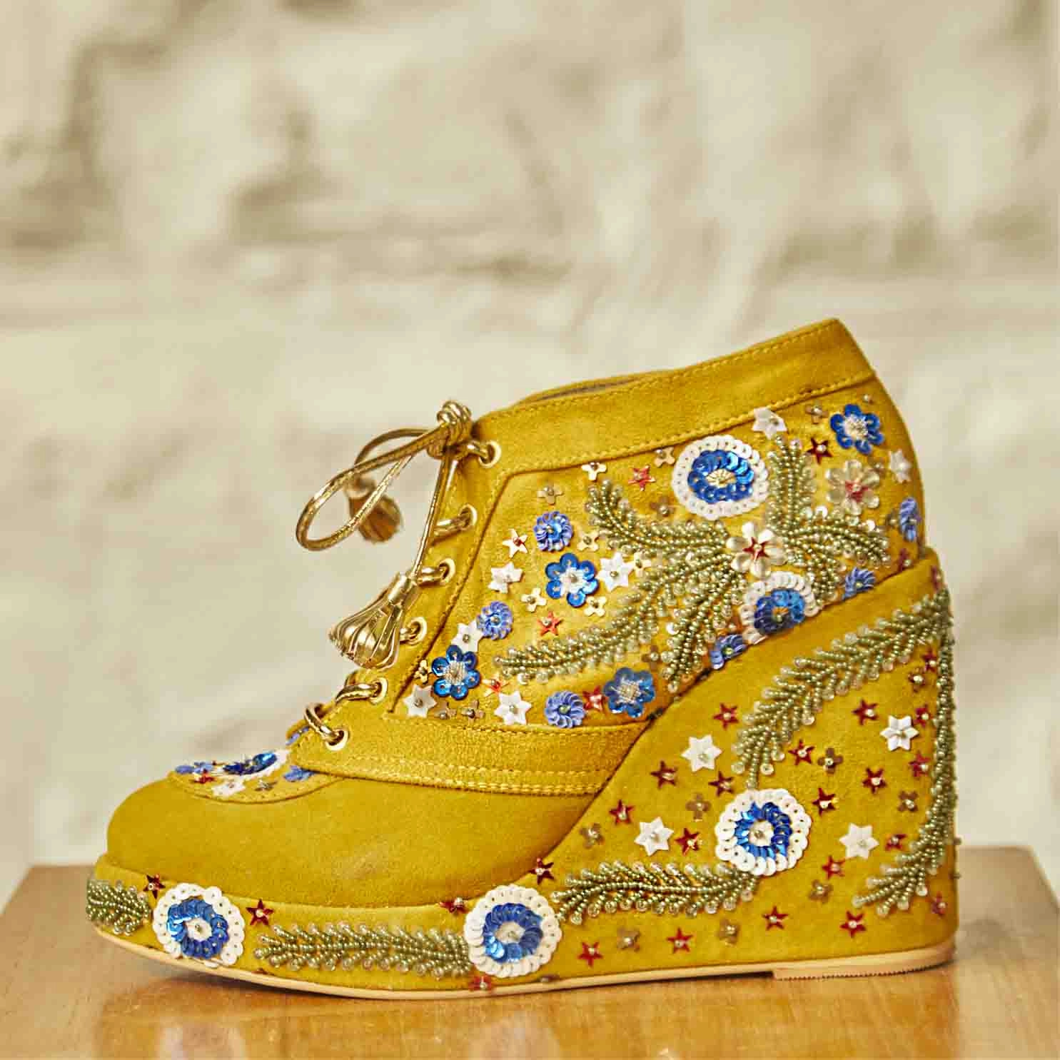 Climbing Shoes Downsize Mustard Embroidered Bridal Sneaker Wedges - Customized Wedding Shoes | Tiesta