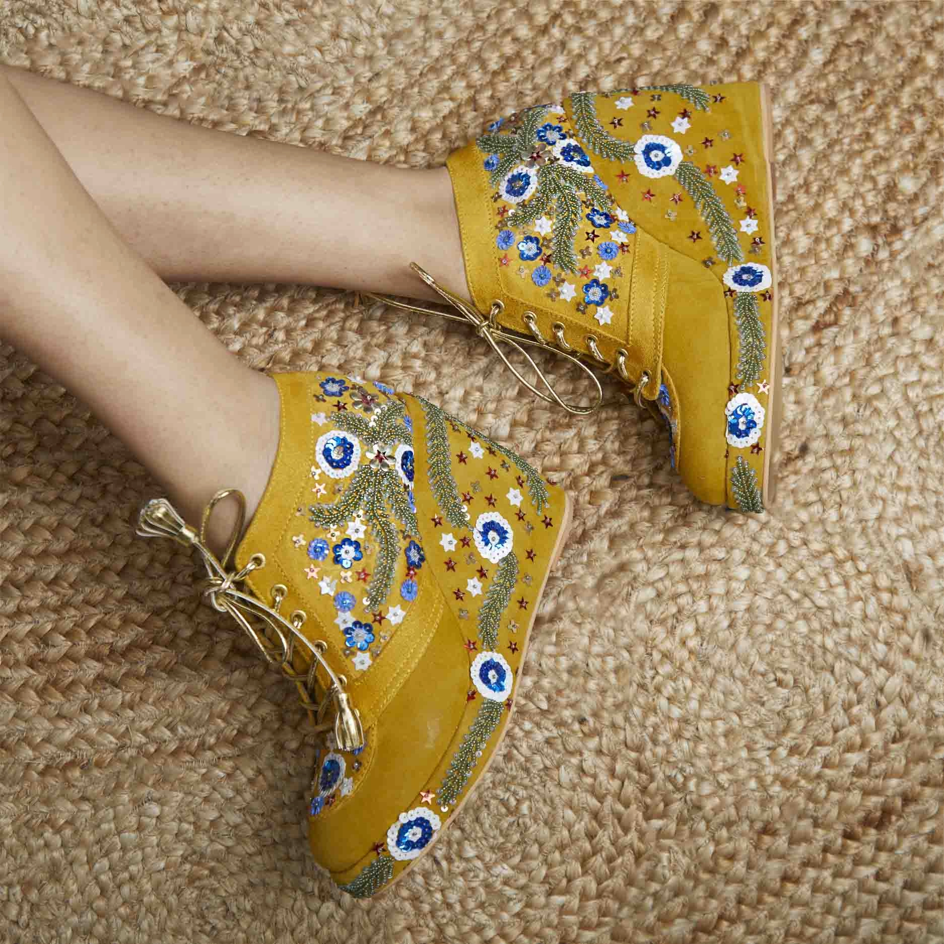 Mustard Embroidered Bridal Sneaker Wedges - Customized Wedding Shoes | Tiesta Mammut Rock Climbing Shoes