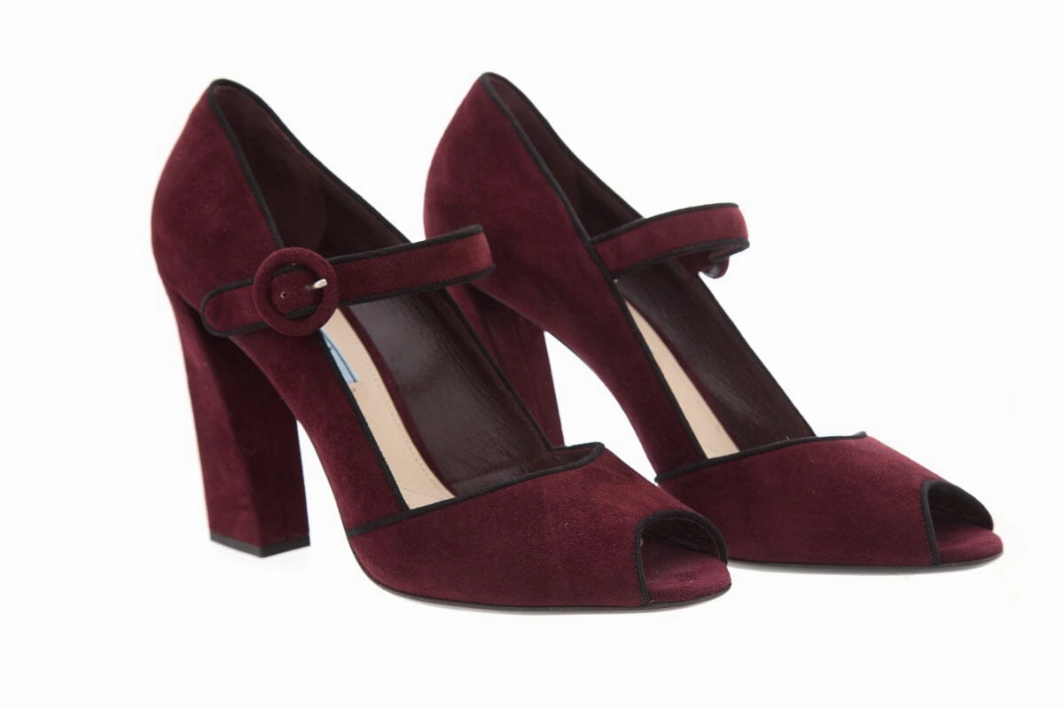 Painted Toes In High Heels Prada Burgundy Suede Strap Heels SZ 40