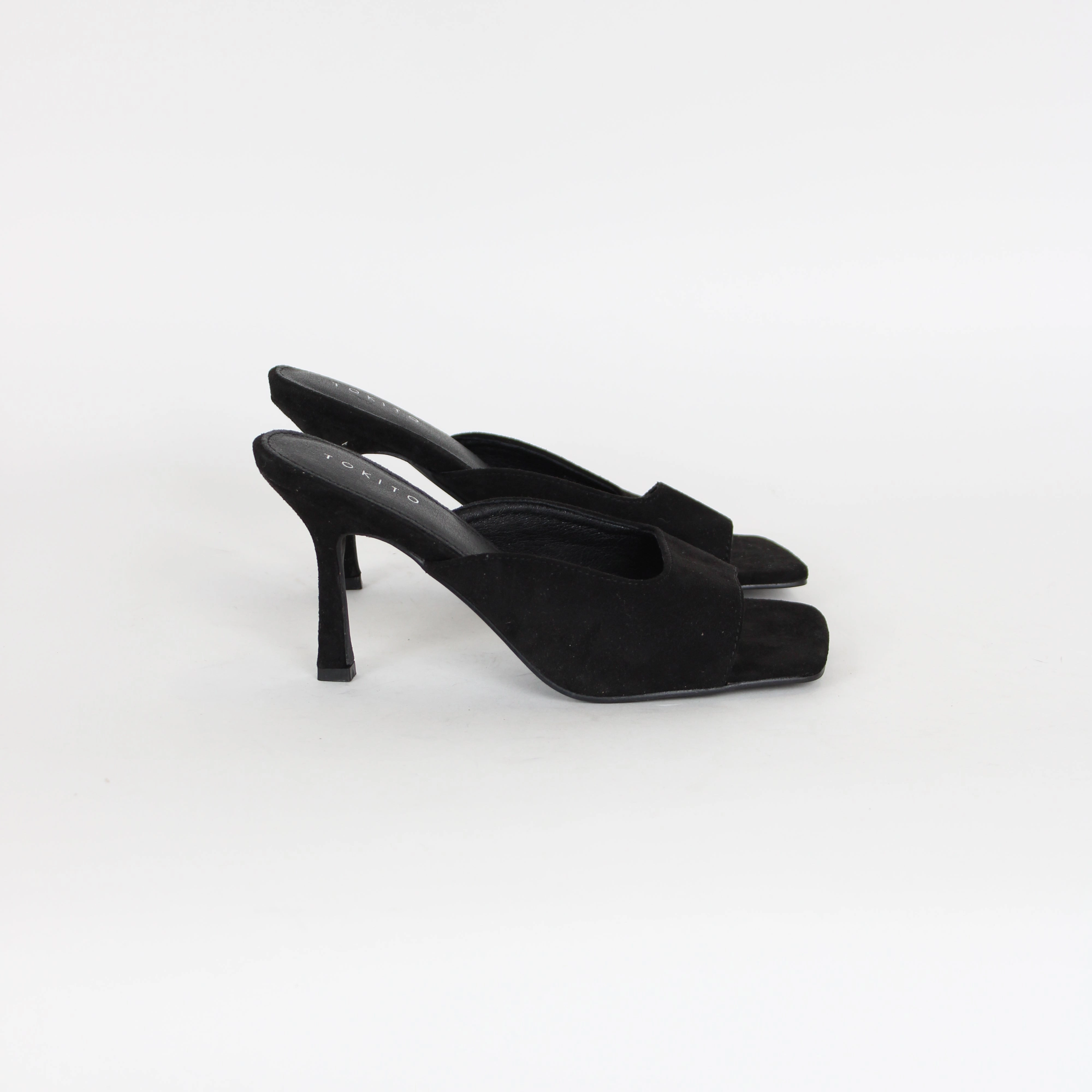 Boots Low Heel Knee High Tokito Black Faux Suede Heels