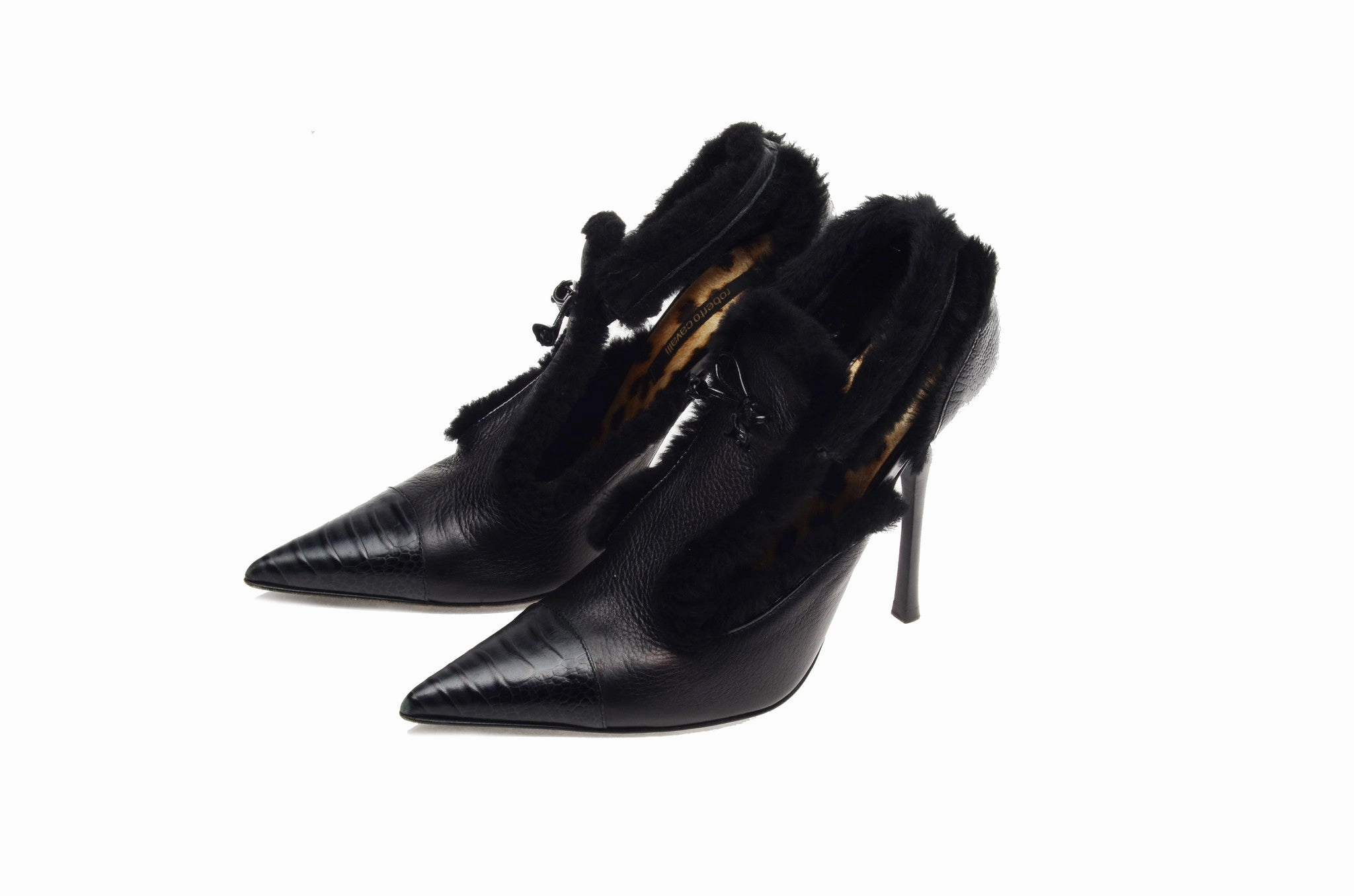 Perfume Bottle High Heel Roberto Cavalli - Black Leather Pointed Toe Heels with Fur Trim - IT 39