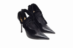 Roberto Cavalli - Black Leather Pointed Toe Heels with Fur Trim - IT 39 High Heels Long Dress