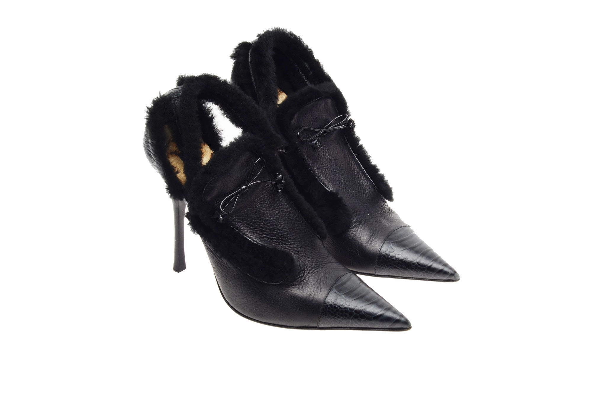 Most Comfortable Boots Roberto Cavalli - Black Leather Pointed Toe Heels with Fur Trim - IT 39