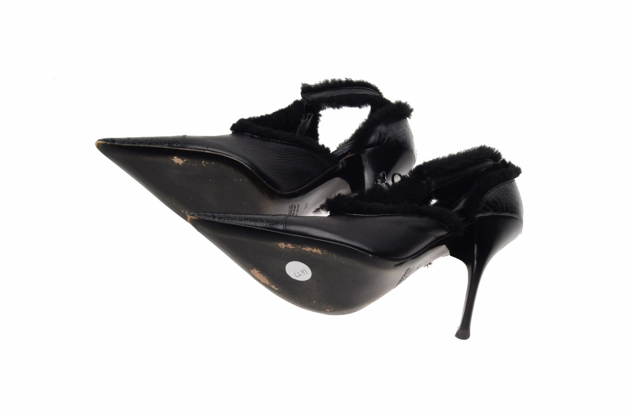 High Heels For Small Feet Size 2 Roberto Cavalli - Black Leather Pointed Toe Heels with Fur Trim - IT 39